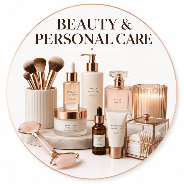A curated beauty and personal care product arrangement on a white background inside a circular frame, with the text 'BEAUTY & PERSONAL CARE' at the top. Visible items include makeup brushes, a pump bottle, a cleanser bottle, a jar, a dropper bottle, a cream tube, a candle, a glass container, cotton swabs, and a rose gold-handled facial roller.