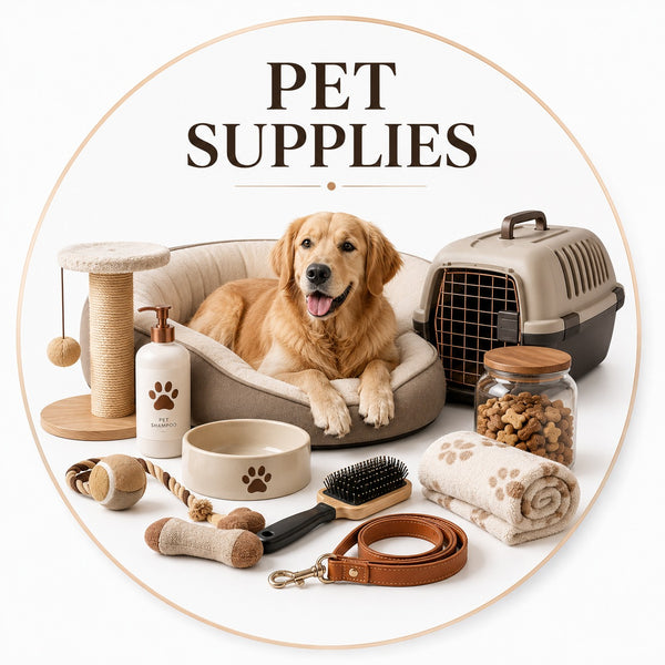 A round promotional graphic for pet supplies featuring a golden retriever lying in a beige pet bed, with surrounding items including a pet carrier, bowl, leash, brush, toys, towel, and a bottle with a paw-print logo. The words 'PET SUPPLIES' appear at the top inside a cream circular frame on a white background.