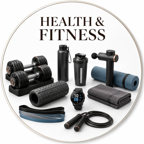 A circular collage of assorted health and fitness items on a white background with the text 'HEALTH & FITNESS' at the top. The items include dumbbells, a water bottle, a shaker bottle, a massage gun, a foam roller, a rolled mat, a towel, a headband, jump rope, and a smartwatch.