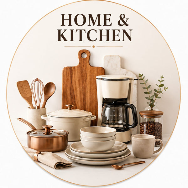 A styled collection of home and kitchen items arranged inside a circular frame, including ceramic dishes, a coffee maker, wooden cutting boards, copper cookware, utensils, and small plants, with the text 'HOME & KITCHEN' above them.