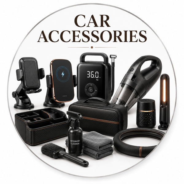 A circular product collage titled 'CAR ACCESSORIES' showing a set of black car interior and phone accessories, including a phone mount, wireless charger, car vacuum, storage case, cleaning spray, brush, and other small items on a white background.