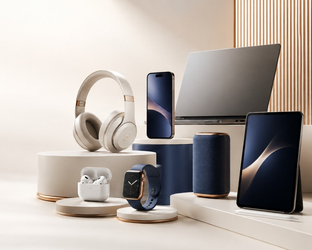 A curated collection of modern tech accessories arranged on minimalist pedestals in a warm studio setting: white over-ear headphones, a white wireless earbuds case, a navy smartwatch with a gold-tone band, a white earbud charging case, a navy cylindrical speaker, a navy tablet, a white smartphone, and a silver laptop.
