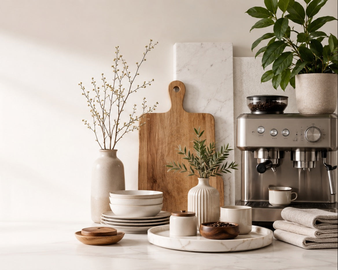 A styled kitchen countertop scene with a stainless steel espresso machine, white ceramic cups and bowls, a wooden cutting board, vases with dried stems and greenery, folded towels, and a potted plant against a warm off-white wall.
