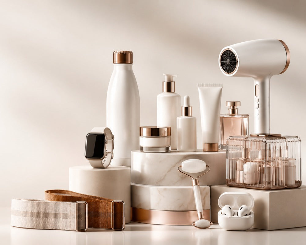A curated collection of modern wellness and beauty accessories arranged on stacked marble pedestals, including a white hair dryer with rose-gold trim, a white bottle, skincare tubes and jars with metallic lids, a smartwatch, a strap, a facial roller, earbuds, and a clear storage case.